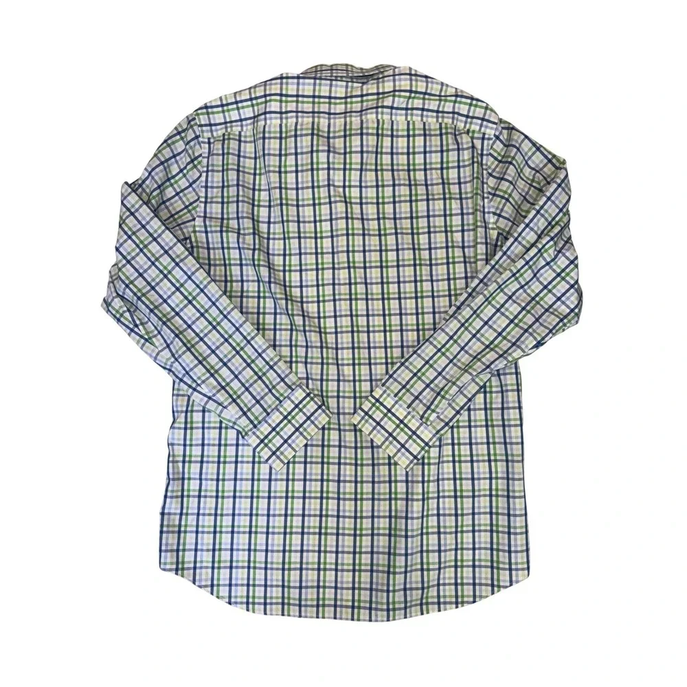 Banana Republic Button Down Green Blue Plaid Non-Iron Slim Fit 16-16.5 Size L